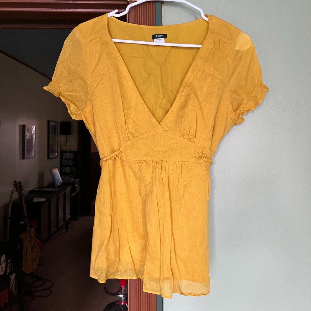 J. Crew Mustard Yellow Tie Waist V-Neck Cap Sleeve Linen Blouse - Size 8